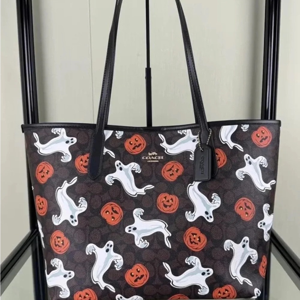 Coach Brown Signature Tote with Ghost & Pumpkin Print